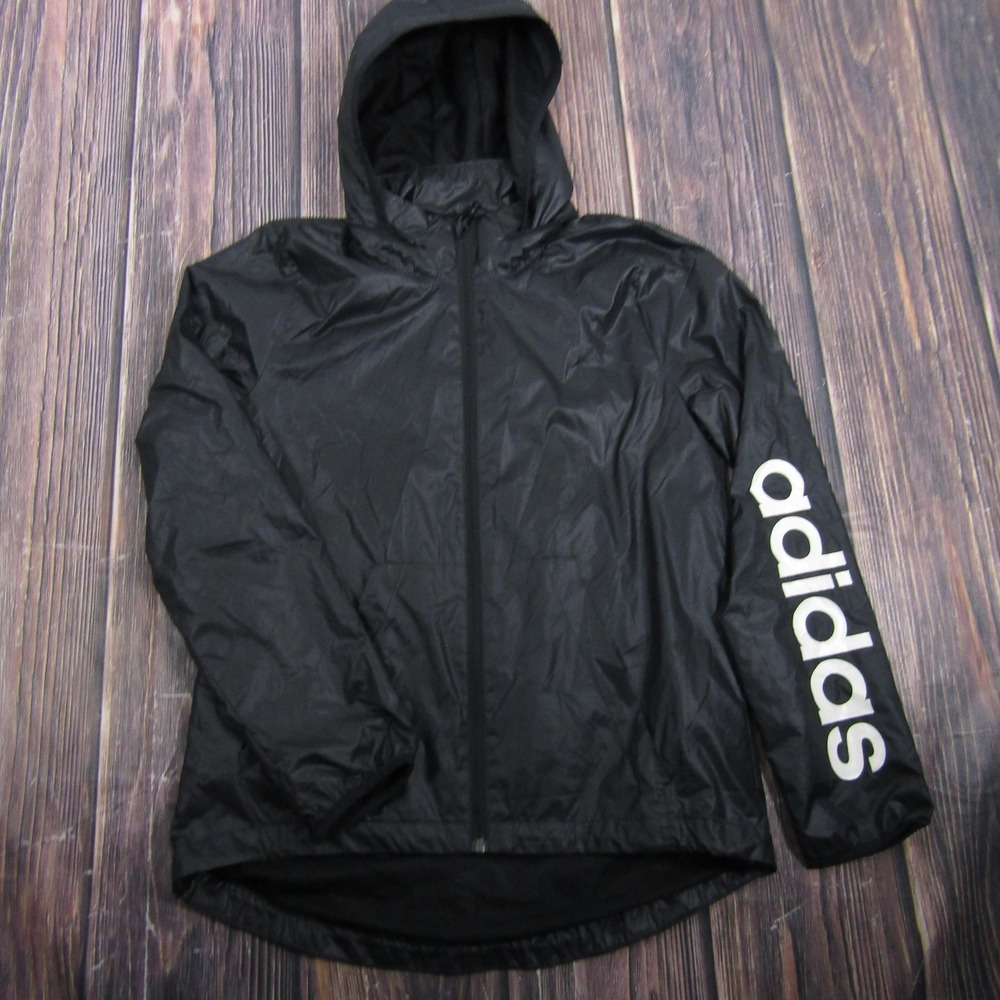 Adidas Jacket Mens L Black Hooded Full Zip Windbreaker Lightweight Lined Running